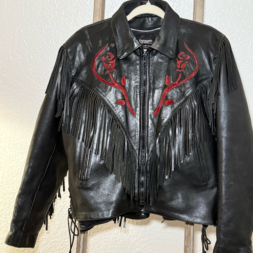 3M Thinsulate Black Leather Fringe Jacket with Red Embroidery